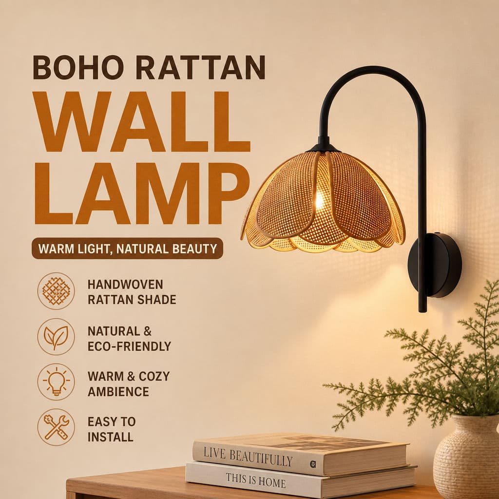 Candeeiro De Parede Boho Rattan Tecido À Mão Com Sombra De Pétalas Luz Quente Para Cabeceira Do Quarto E Sala De Estar