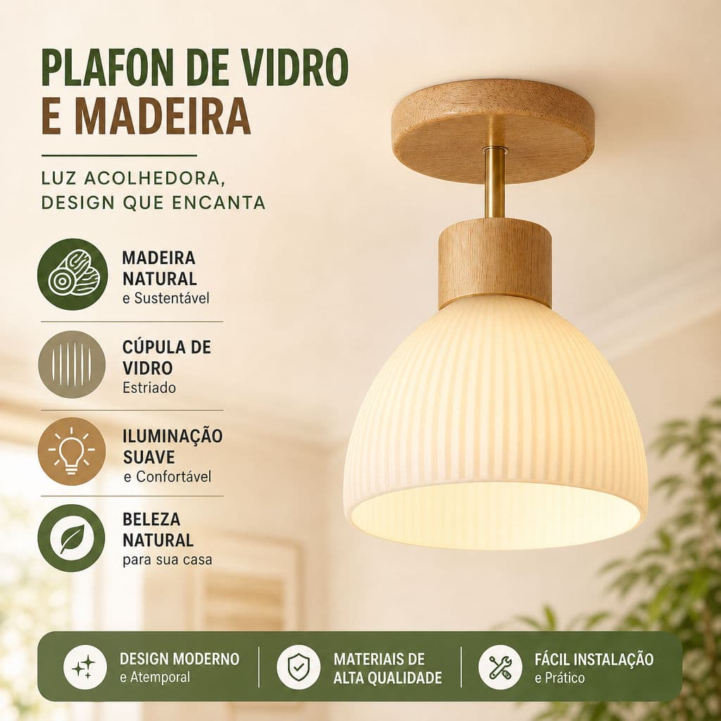 Plafon De Teto Madeira Natural Vidro Estriado Luminária De Teto Design Minimalista Nórdico Para Corredor Quarto