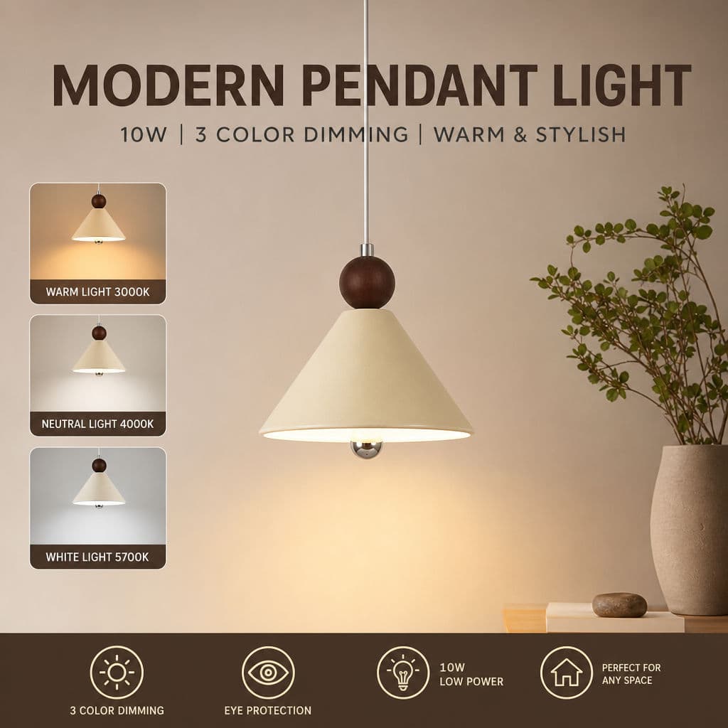 Luz Pendente Moderna Com 3 Cores, Escurecimento 10w, Sombra Creme, Destaque De Madeira Para Quarto, Cabeceira, Jant