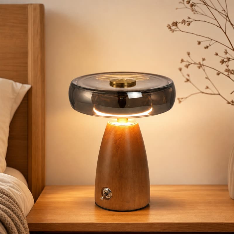 Abajur De Mesa Madeira Maciça Vidro Fumado 3 Cores Ajustável LED Lampu Meja Para Quarto Sala Abajur Minimalista