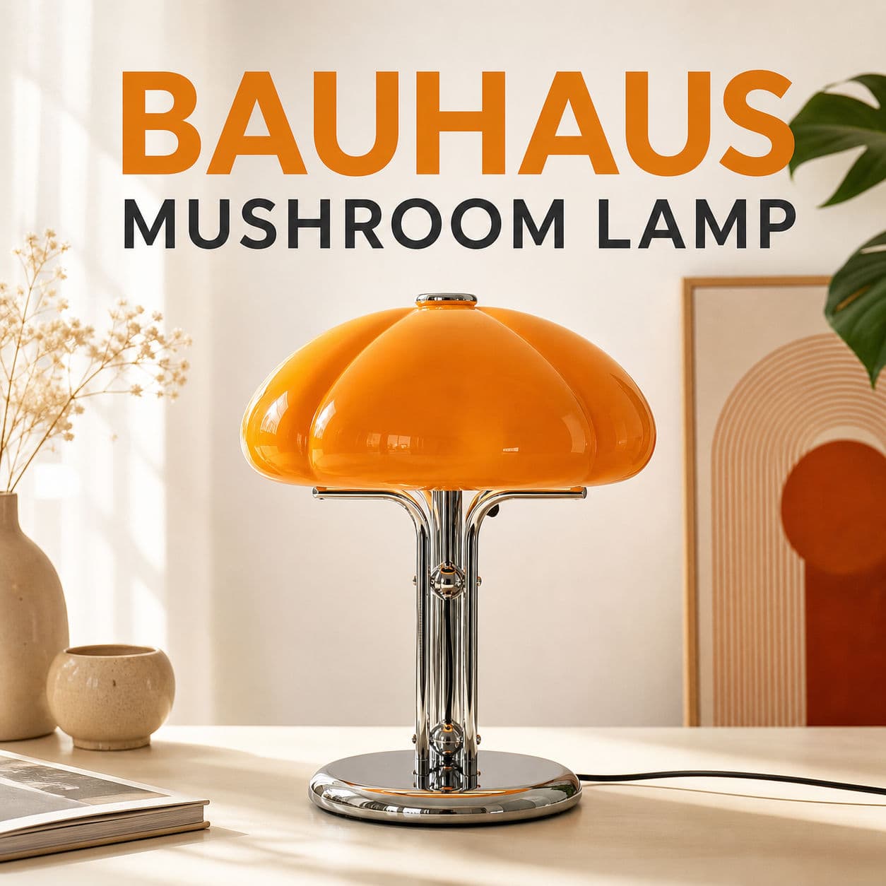Candeeiro De Mesa De Cogumelo Bauhaus Com Abajur De Vidro Laranja , Luz Noturna Regulável De Caramelo Moderno Do Meio Sé