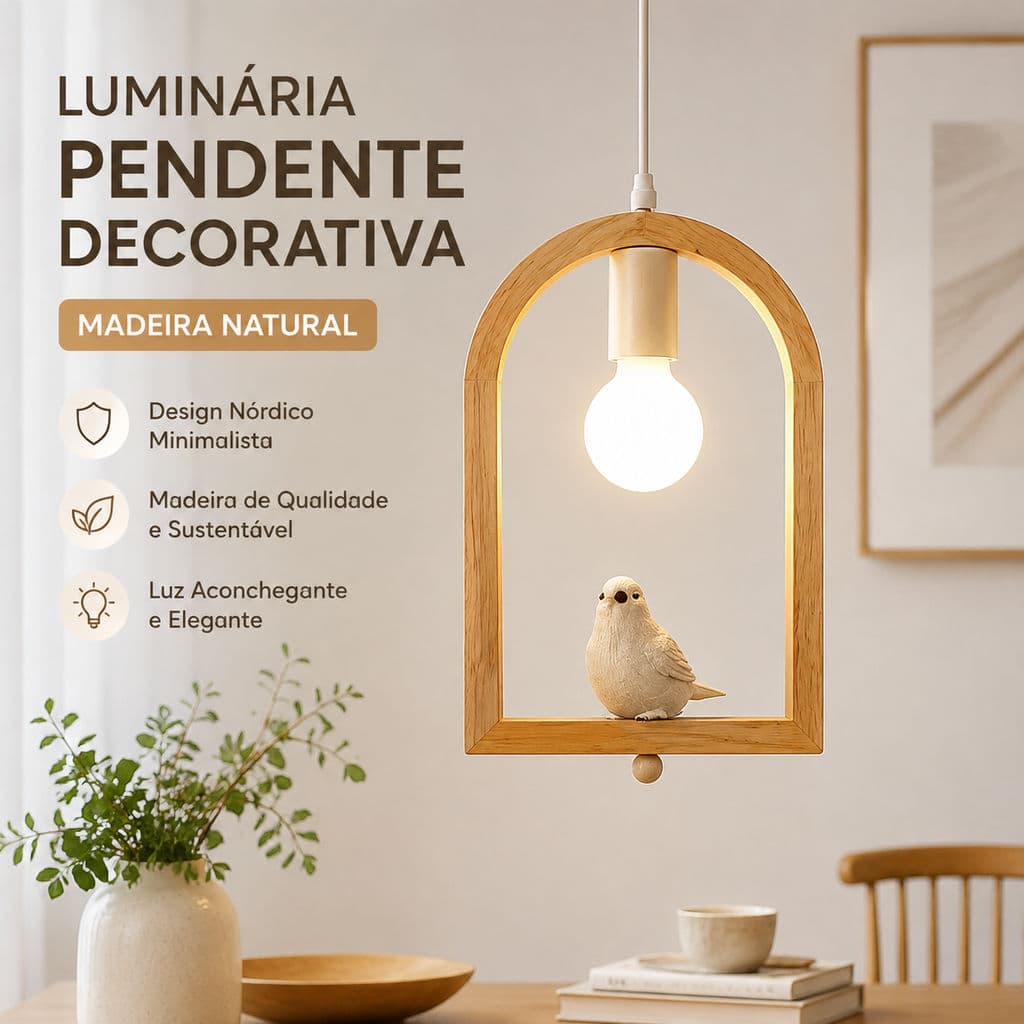 Luminária Pendente De Madeira Natural Design Nórdico Lâmpada Suspensa Decorativa Para Quarto Sala Jantar