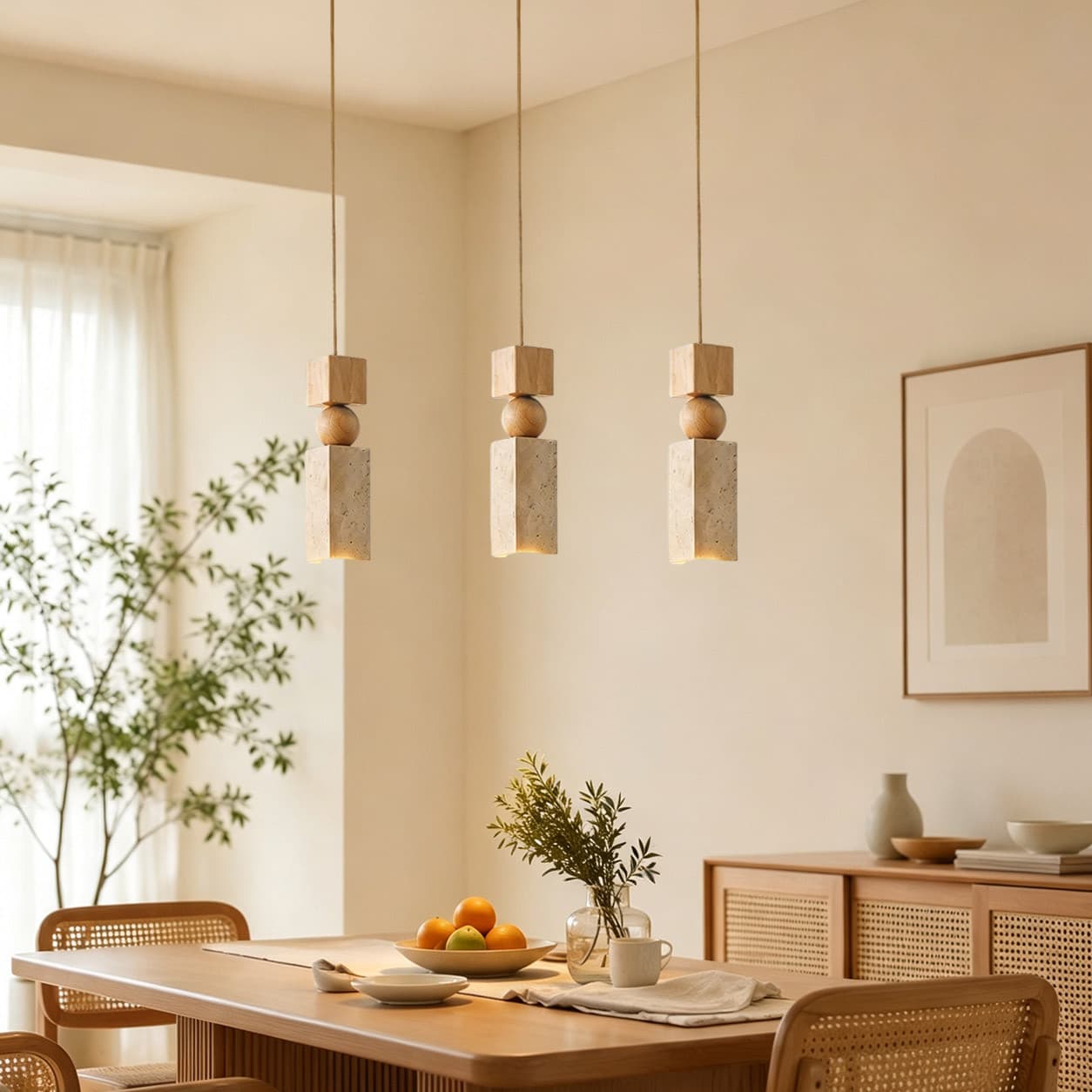 Luminária Pendente Wabi-Sabi De Madeira E Travertino Amarelo Para Sala Cozinha - 3 Cores De Luz, 2 Combinações
