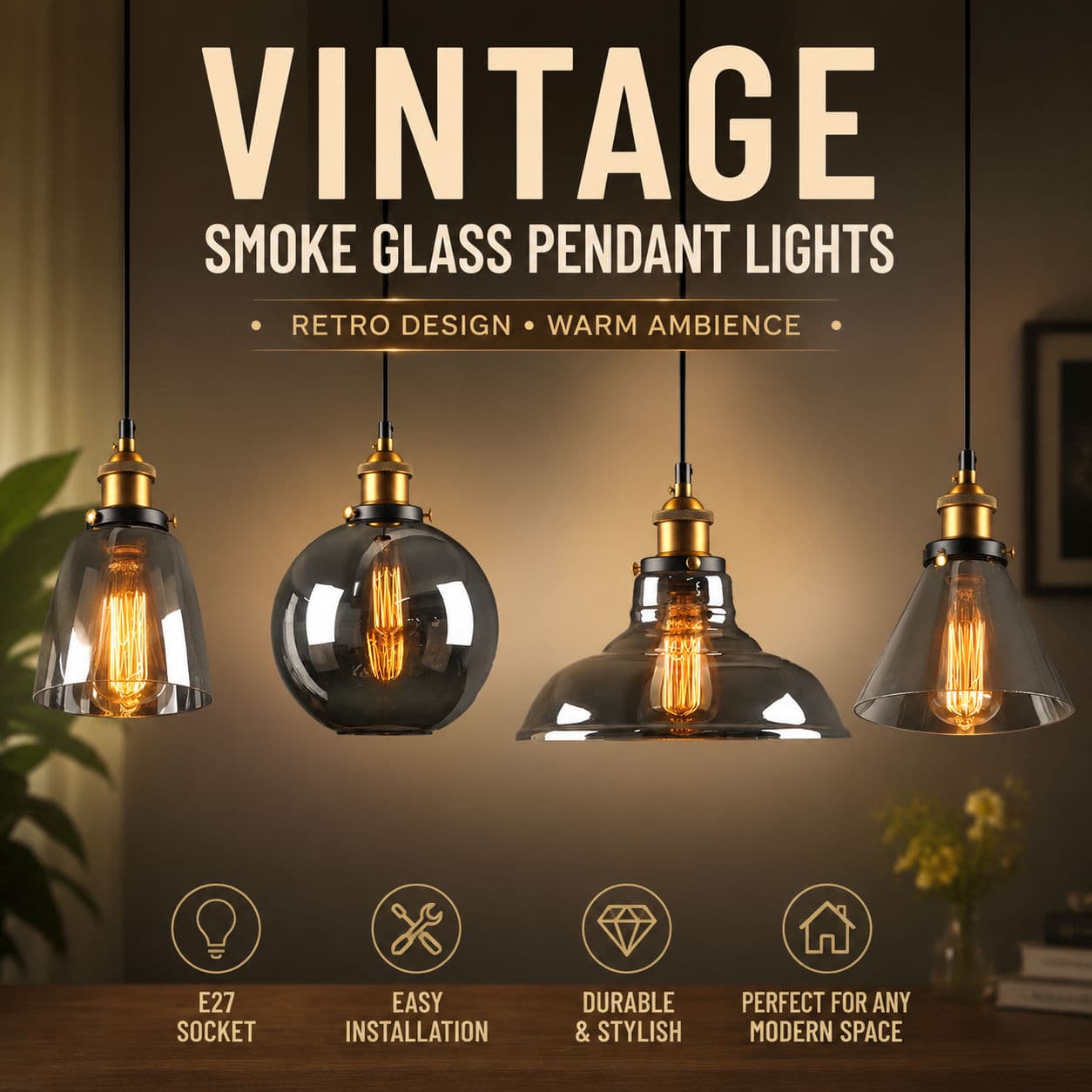Luminária pendente vintage de vidro com acabamento dourado encaixe e27 para decoração de sala cozinha quarto
