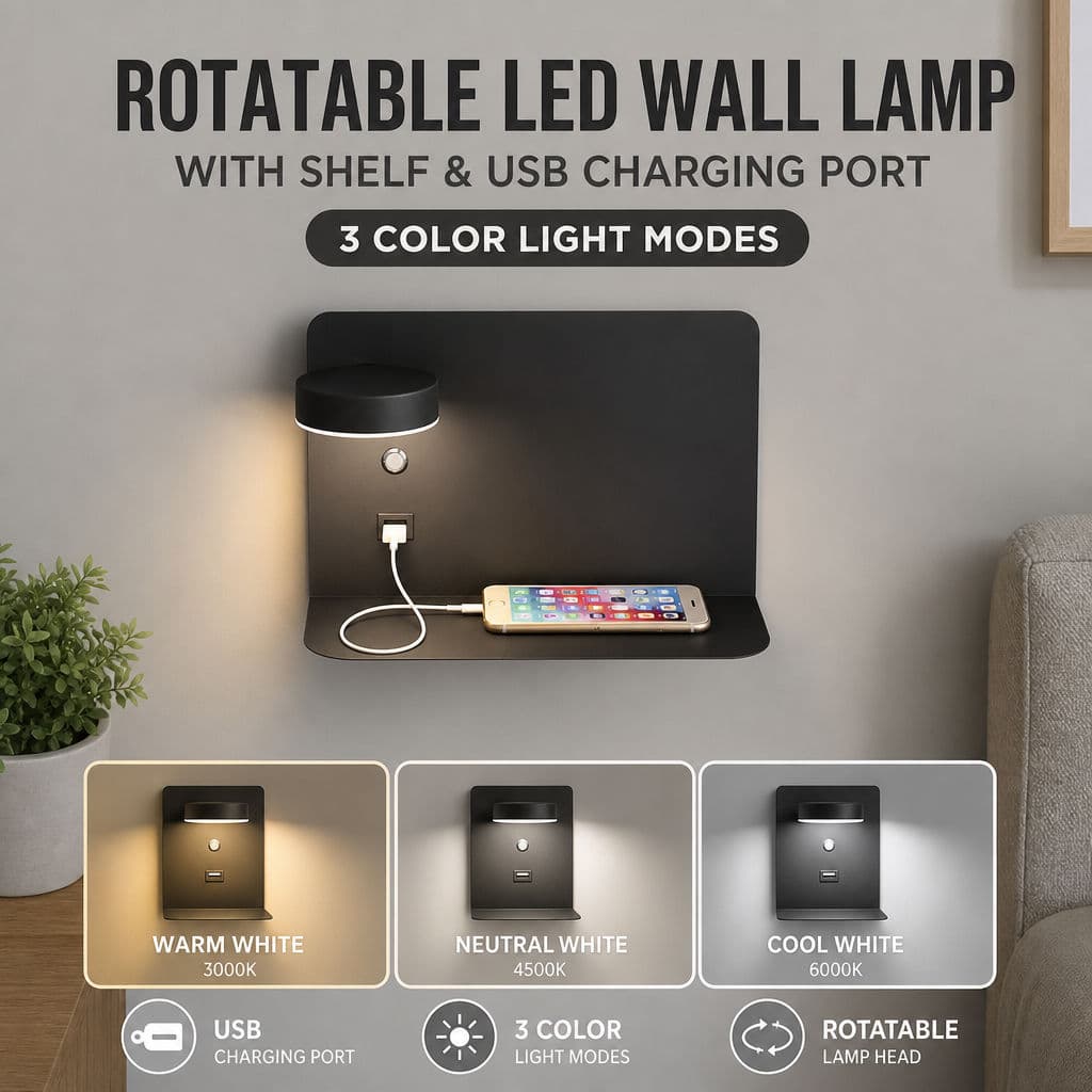 Lâmpada De Parede LED Giratória Com Prateleira De Armazenamento Porta De Carregamento USB 3 Modos De Cores Arandela De F