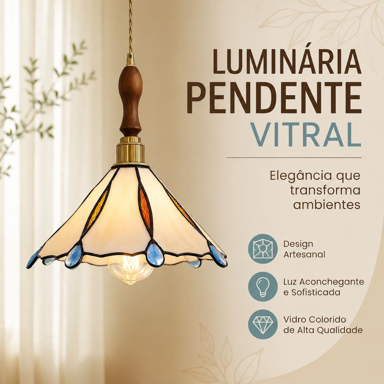 Luminária Pendente De Vitral Artesanal , Lâmpada Retrô De Latão Suspensa Para Sala De Jantar , Quarto , Cozinha , Decora