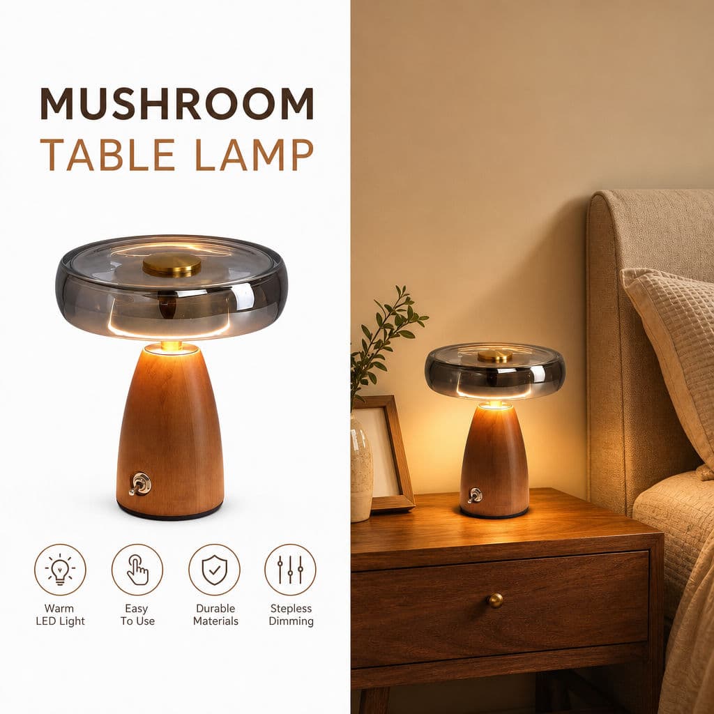 Luminária De Mesa Forma Cogumelo Candeeiro De Mesa LED Madeira Vidro Decorativo Para Quarto