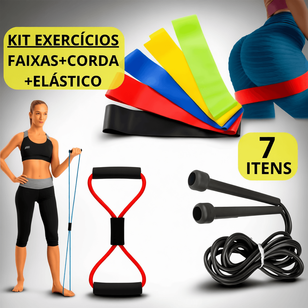 Faixa Mini Band Elástico Para Exercício Fisioterapia + Elástico Extensor Cross Tube Ginástica + Corda