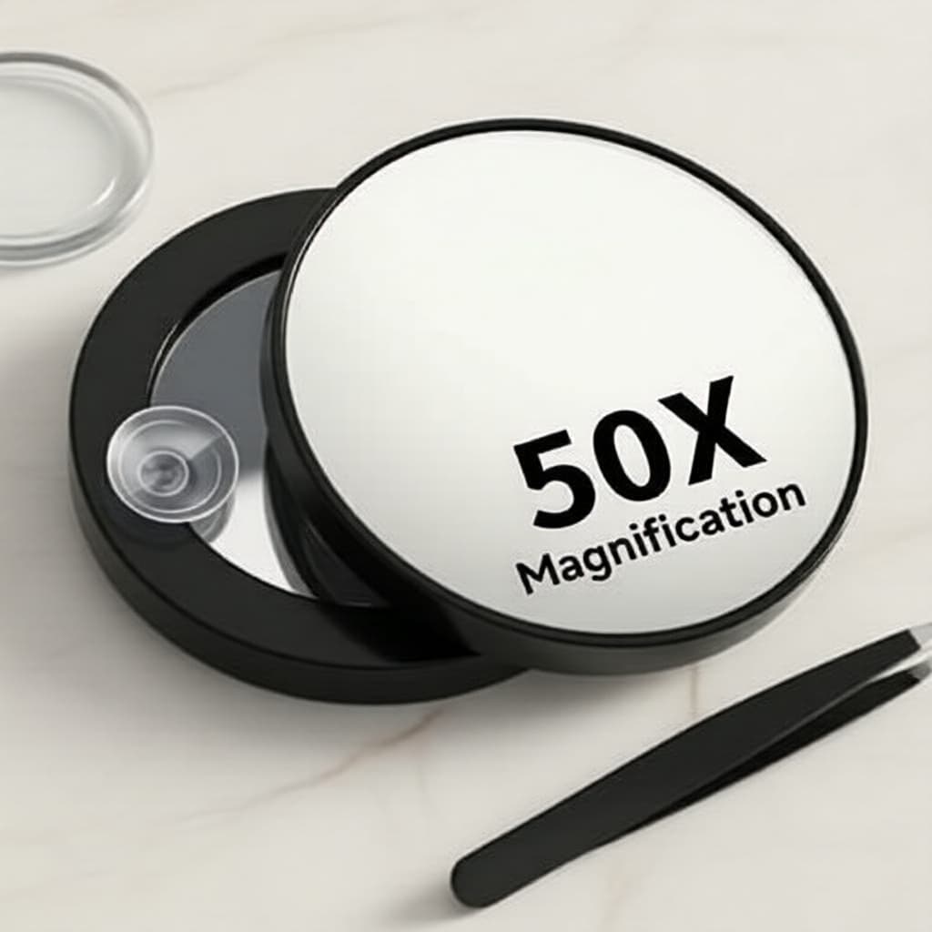 Espelho de Aumento 50x com Base de Sucção e Pinça – Ideal para Maquiagem Detalhada e Remoção de Pelos