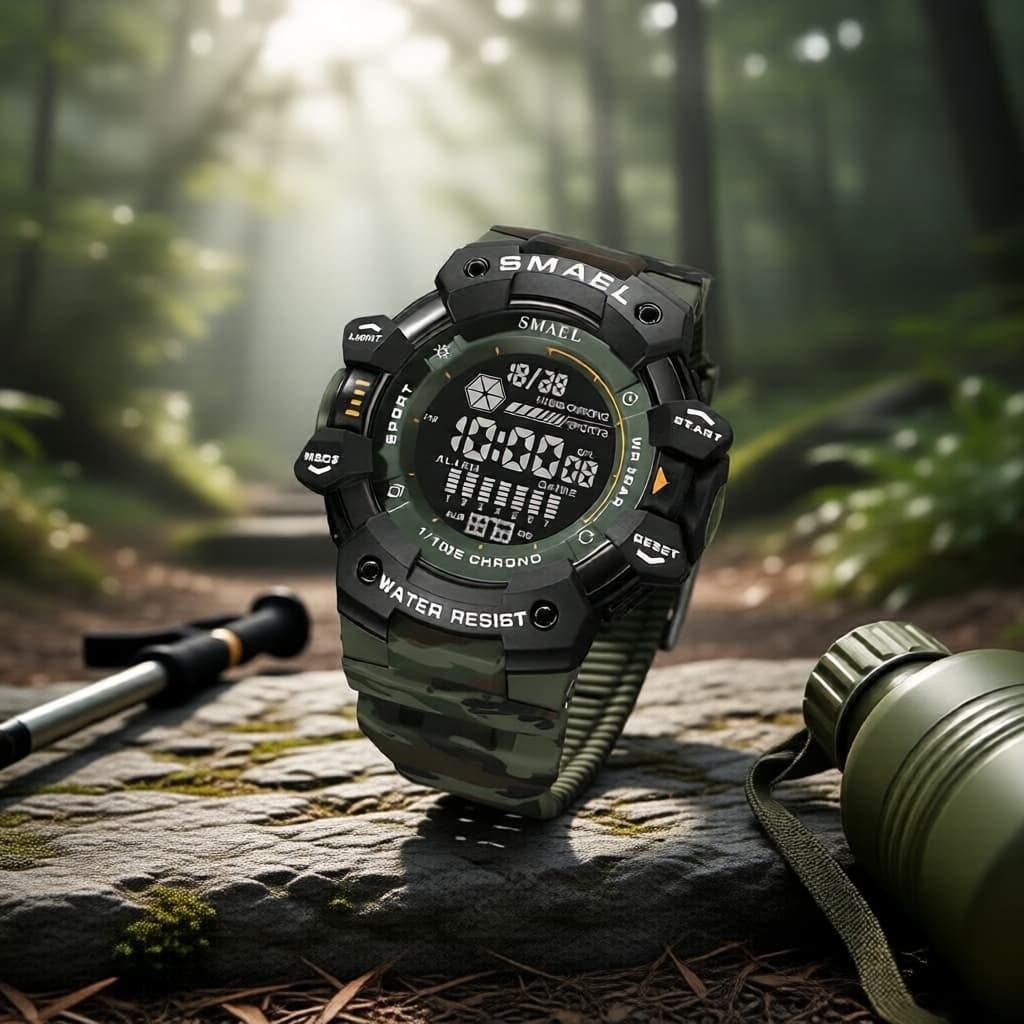 Relógio esportivo digital SMAEL 8050MC para homens, camuflagem verde, silicone, à prova d'água e resistente a choques