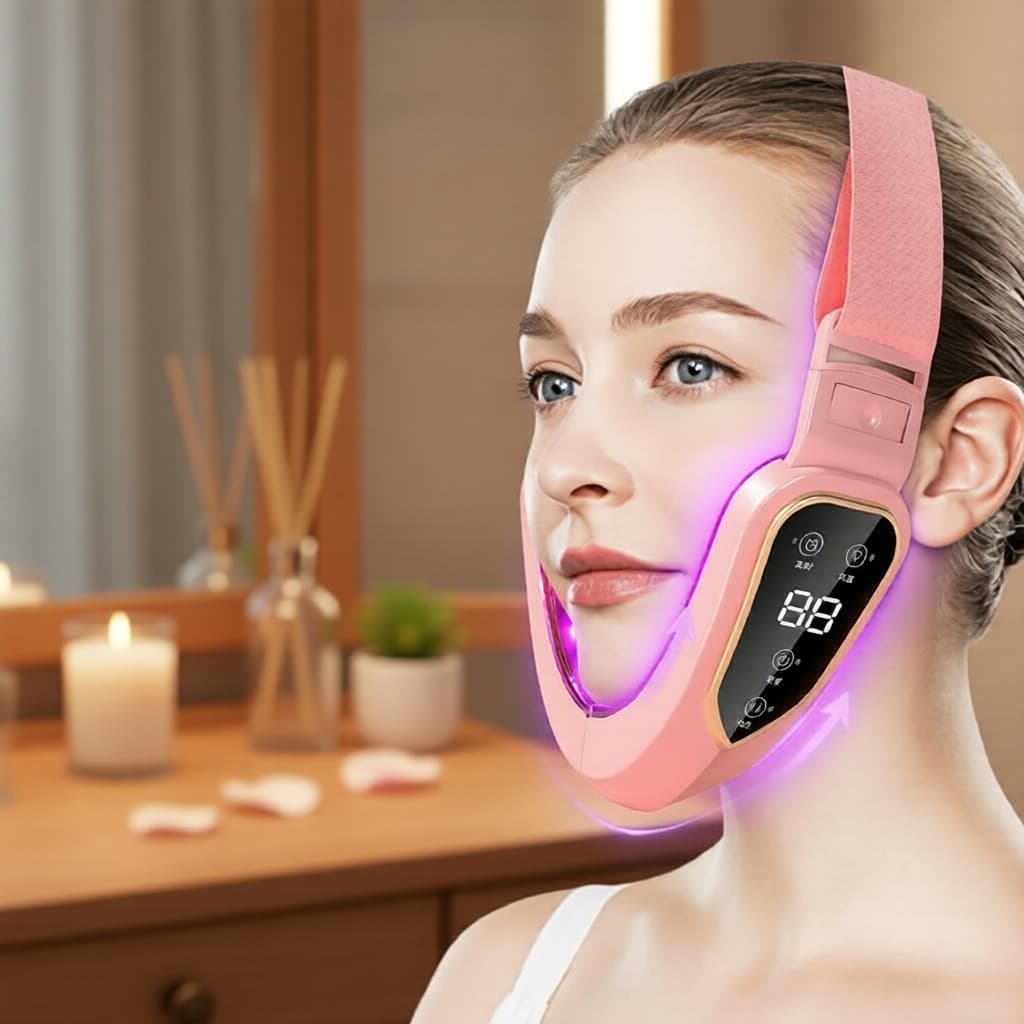 Massageador Facial Antienvelhecimento - Dispositivo de LED e Vibração para Contorno V, Papada e Elevação das Bochechas