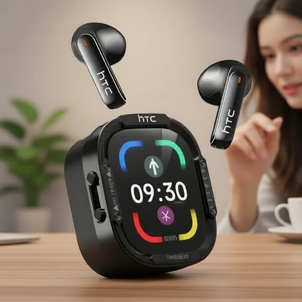 Fones de ouvido HTC NE70 com IA: Tradução em tempo real em 134 idiomas, Bluetooth 6.0, Tela sensível ao toque LED, Alta