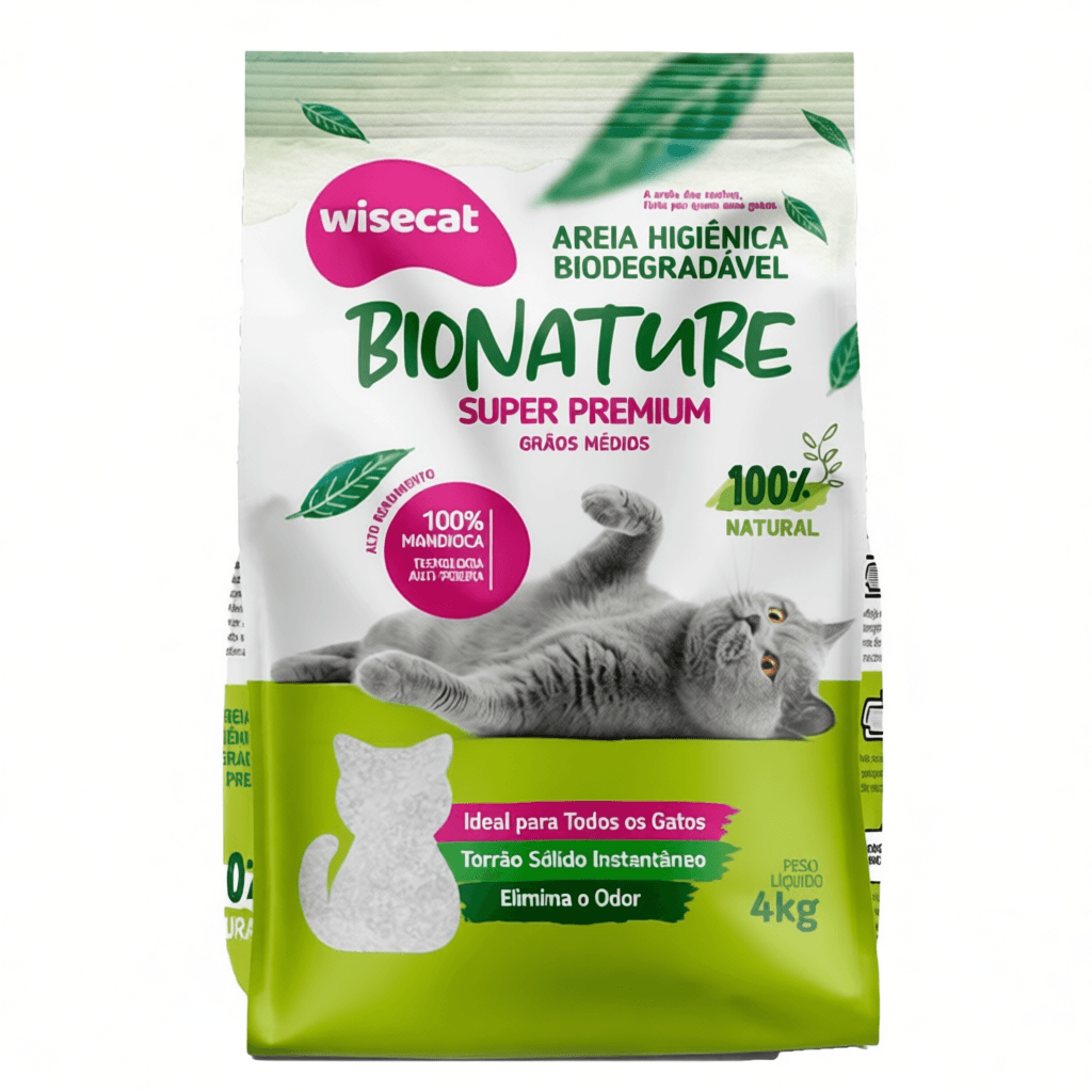 Areia Higiênica Para Gato de Mandioca 2kg e 4kg Wisecat Biodegradável Areia de Gato Sustentável