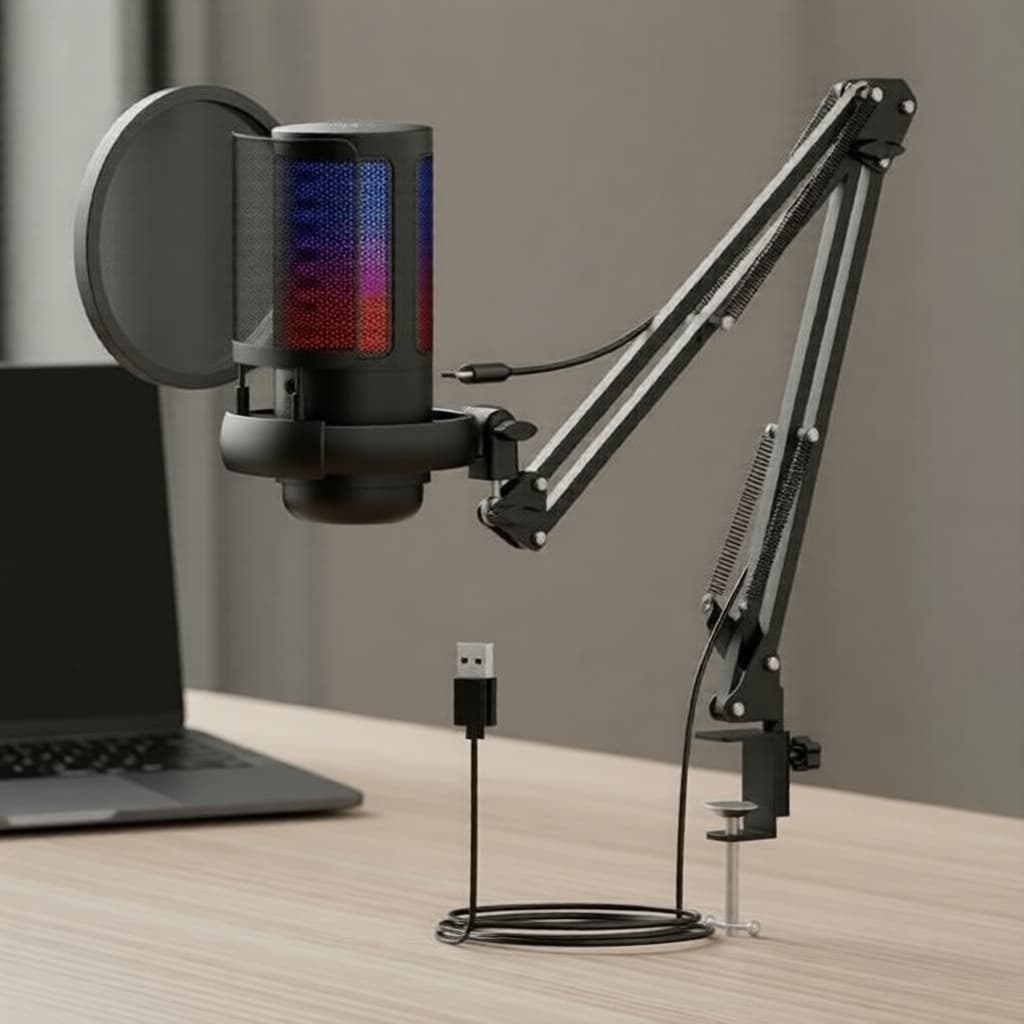 BOMGE ME6S USB Microfone condensador RGB para jogos com cancelamento de ruído para PC Streaming Podcast Microfone