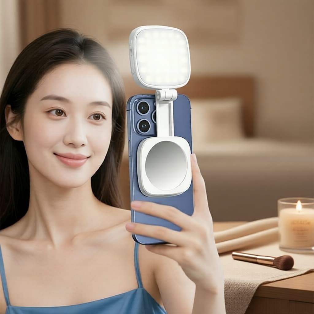 Luz de Preenchimento Magnética Portátil para Telefone com Espelho de Maquiagem Integrado - LED para Selfie, Vídeos,