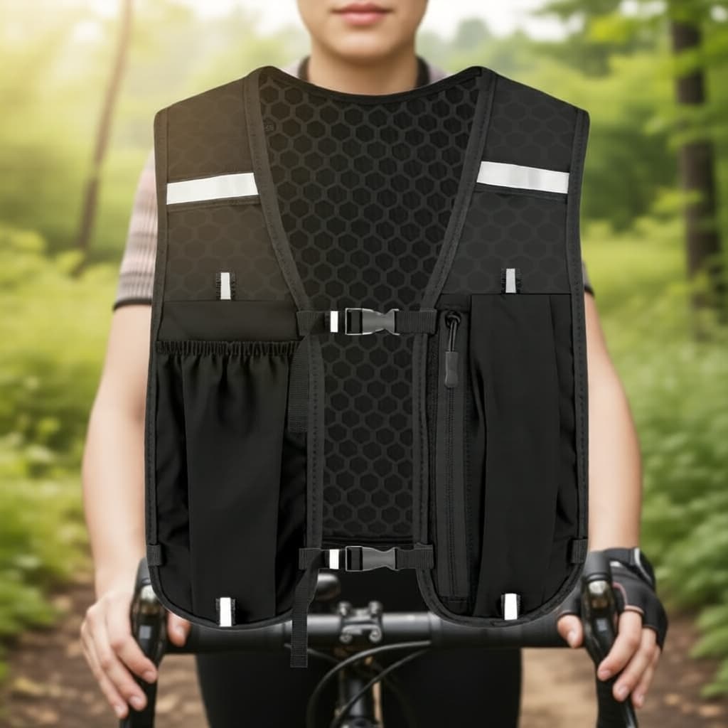 Colete de ciclismo para corrida noturna com faixas refletivas, porta-garrafas de água e compartimento para celular,
