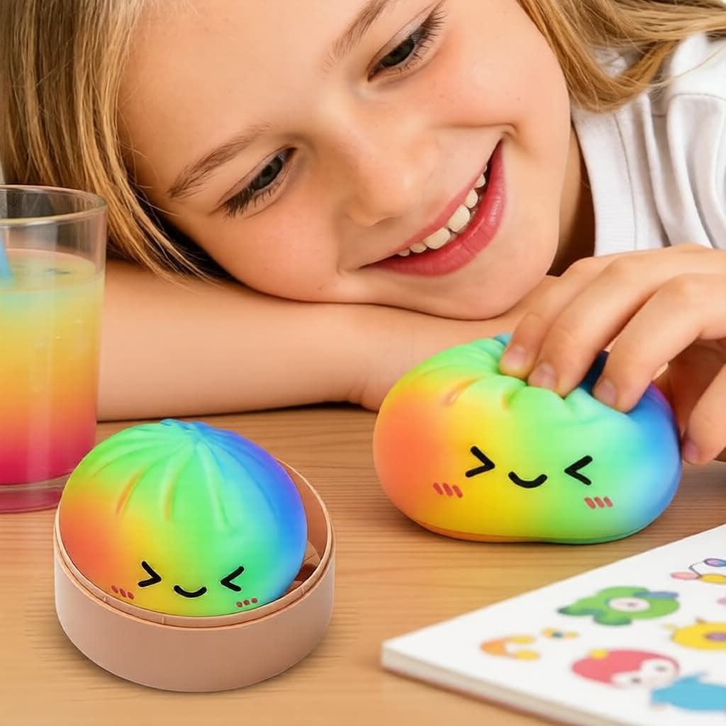 Rainbow Bouncy Baozi Squishy - Brinquedo de alívio de estresse fofo e realista, 1 peça