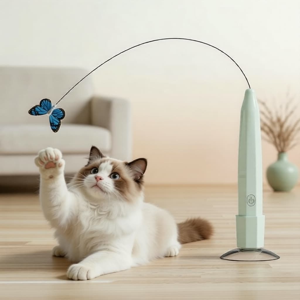 Varinha de provocação de gato de borboleta elétrica recarregável por USB com ventosa para gatos de interior