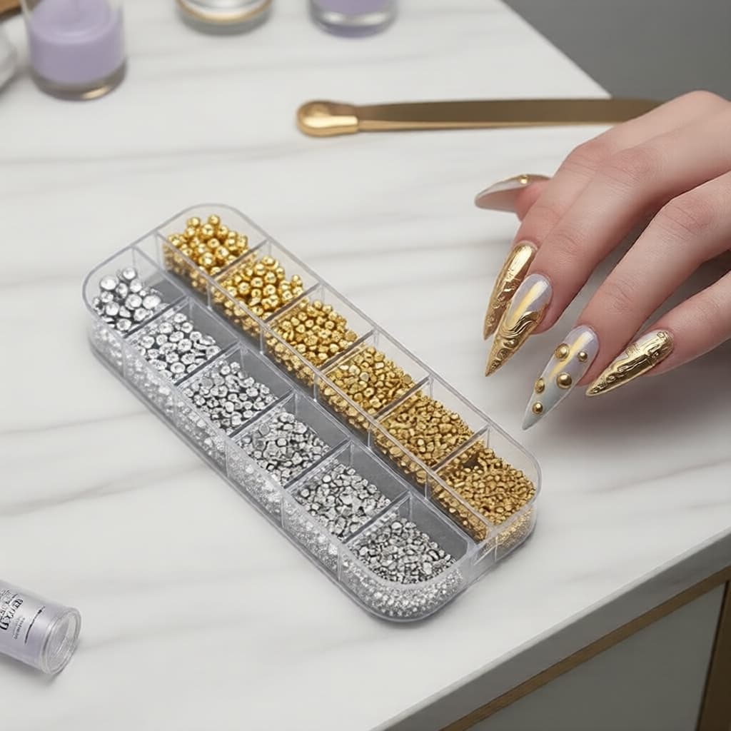 Kit de Arte para Unhas 12 Divisórias: Strass 3D, Pérolas Caviar, Encantos Metálicos Ouro/Prata e Joias de Aço