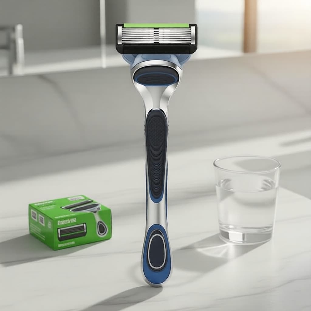 Navalha Manual de 6 Camadas Clássica para Homens – Inclui 1 Cabo e 8 Lâminas, Compatível com Gillette Fusion