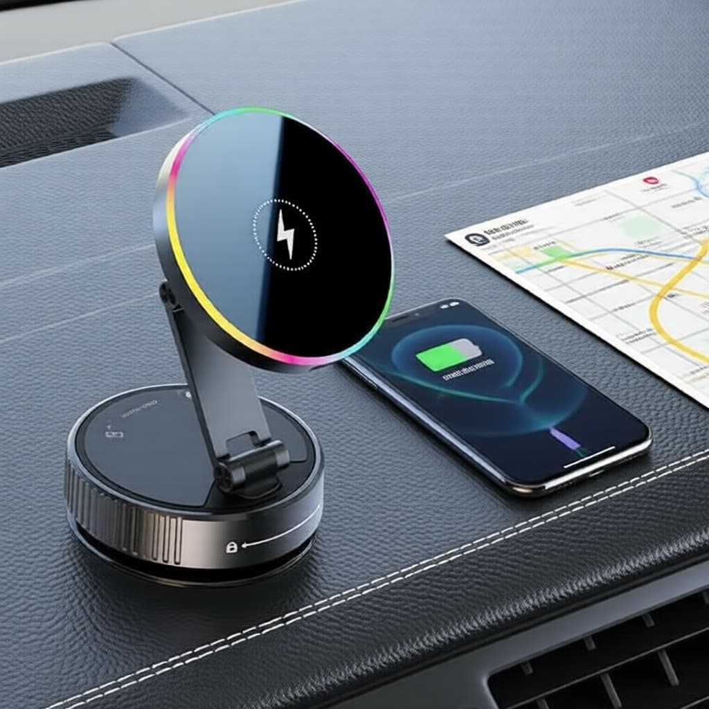 Suporte Magnético Veicular com Carregamento Wireless Rápido 360° Rotação Ventosa Adsorção para Celular