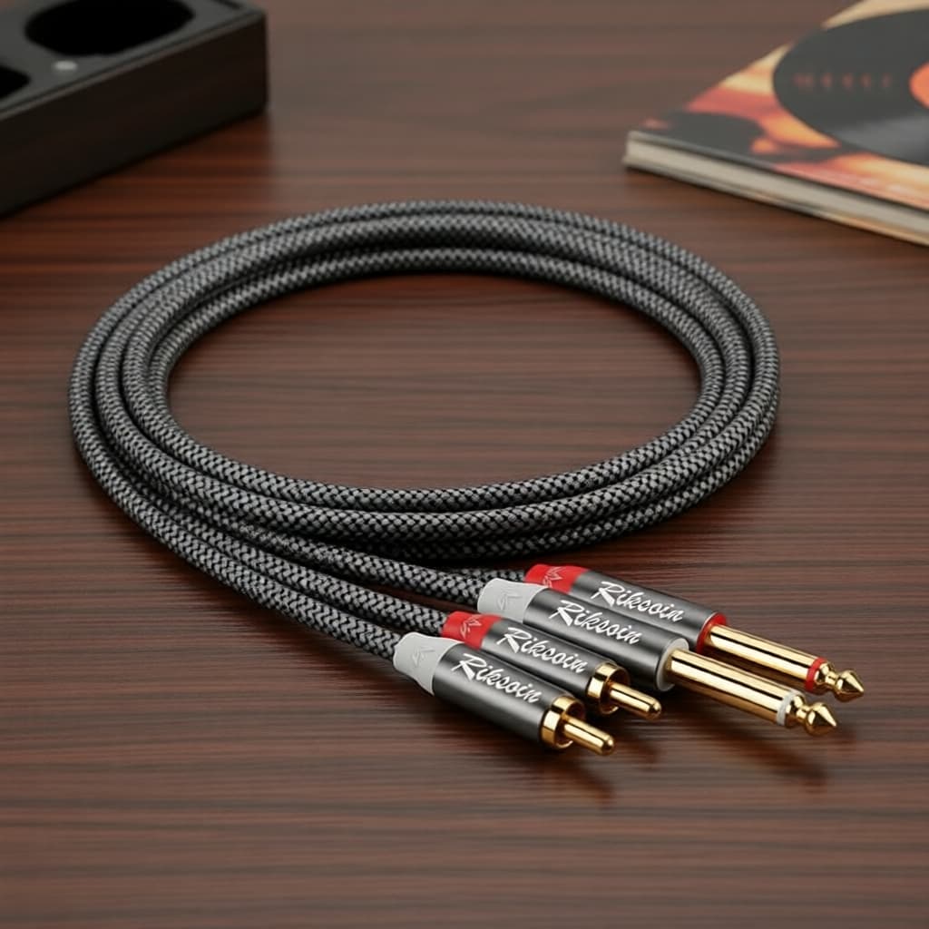 Cabo de Áudio Trançado RIKSOIN 2 RCA para 2x 6,35 mm TRS – Para áudio profissional, guitarra, alto-falante, mesa de som
