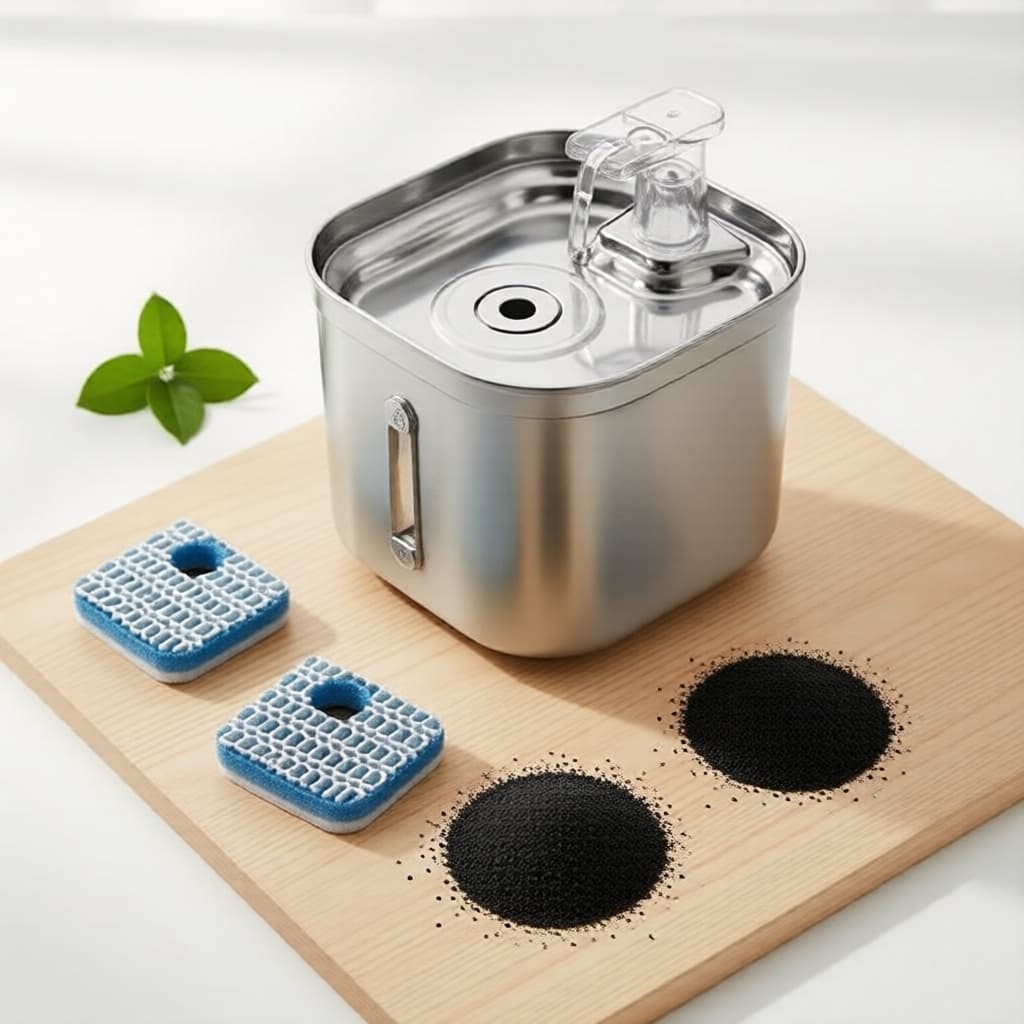 Fonte de água para gatos 2.2L em aço inoxidável, filtro de reposição, purificação em três etapas