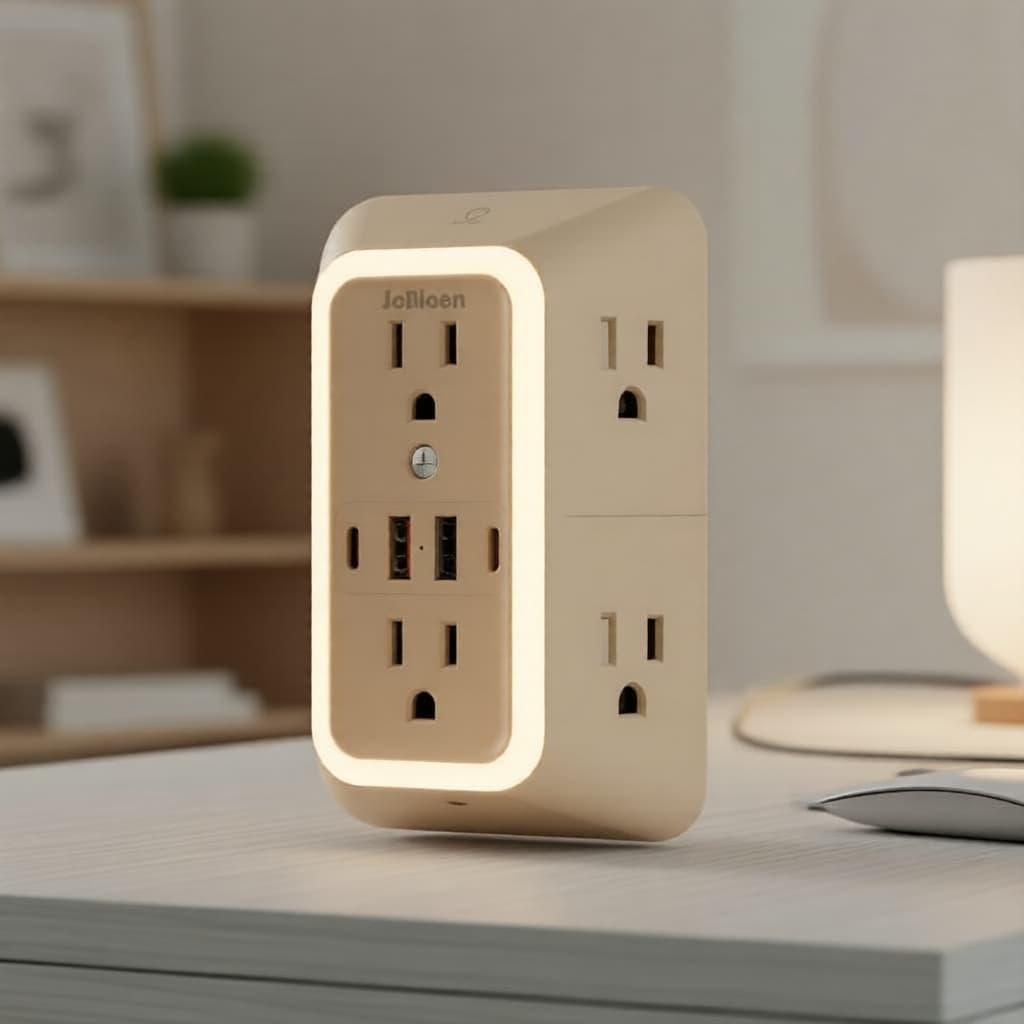 Extensor de Tomada com Protetor contra Picos de Tensão e Luz Noturna: 6 Tomadas AC + 4 Portas USB, Sensor de 3 Níveis,