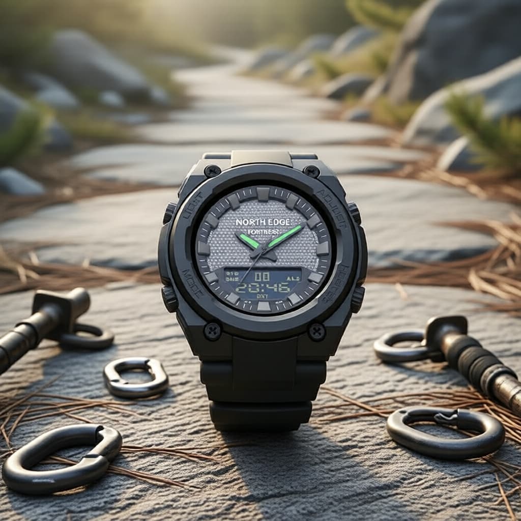 Relógio Masculino NORTH EDGE FORTRESS 46mm, Caixa Resistente a Choques 50M à Prova d’Água, Dupla Exibição com Ponteiros