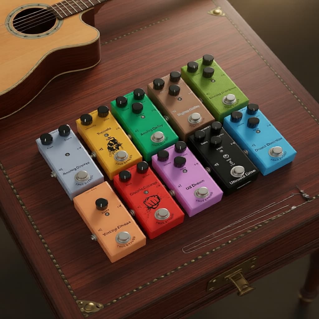 Coleção de Pedais de Efeito para Guitarra Elétrica: Overdrive/Distorção Clássica, Chorus, Phaser, Delay