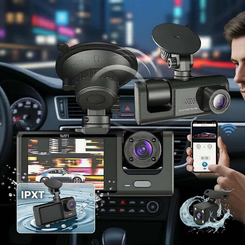 Câmera Veicular com Lente Dupla/Tripla, WiFi, Visão Noturna, DVR Frontal e Traseira para Gravação de Vídeo