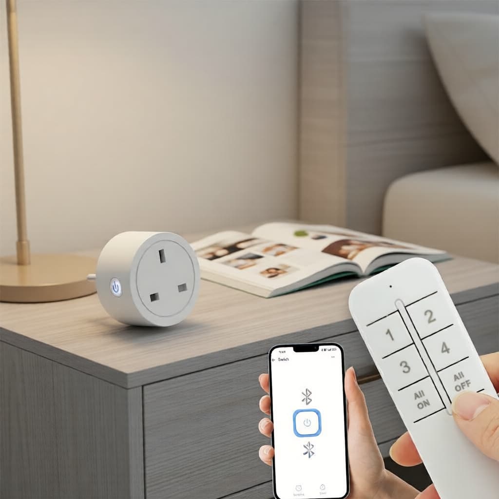Um Conjunto de Tomada Inteligente EWELINK UK Plug RF 2.4G Bluetooth, Controle Remoto Sem Fio para Eletrodomésticos