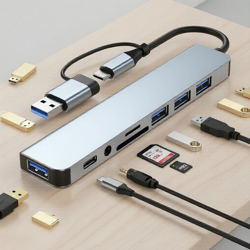 Hub USB-C 8 em 1 com 100W, leitor de cartões SD/TF e saída de áudio 3,5 mm para PC e laptop