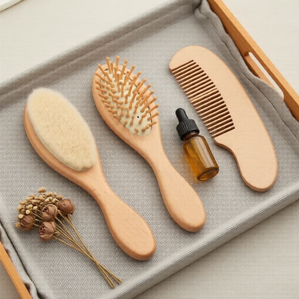 Conjunto de Pente de Madeira para Recém-nascido e Escova de Cabelo para Bebê – Massageador de Lã Macia para o Couro