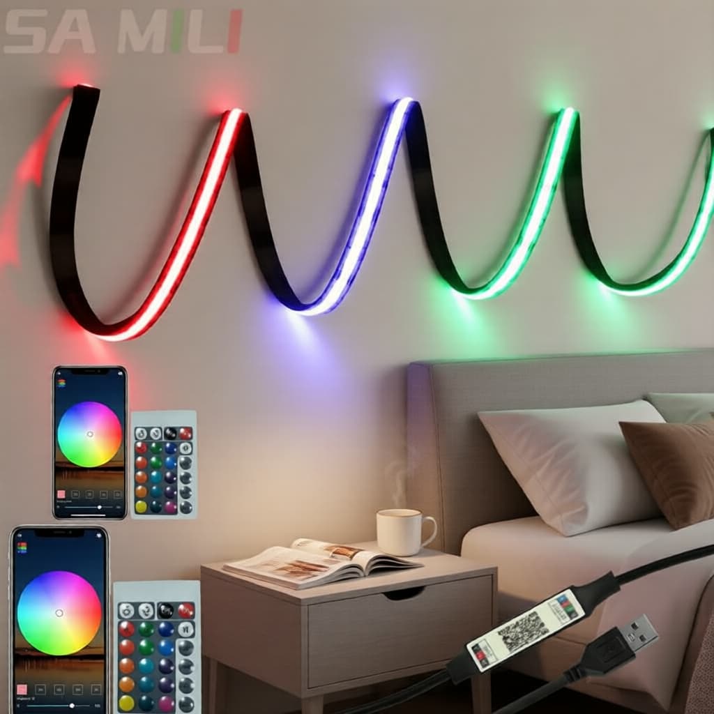 Fita de LED RGB COB USB 5V com controle por aplicativo Bluetooth, fita de pixels flexível, fita de diodo linear para