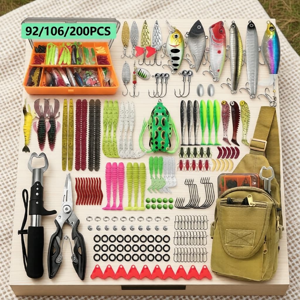 Kit Iscas de Pesca 92/106/200 peças – Caixa & Estojo, Iscas Macias/Duras, Anzóis, Pesos, Spinners, Iscas Artificiais –