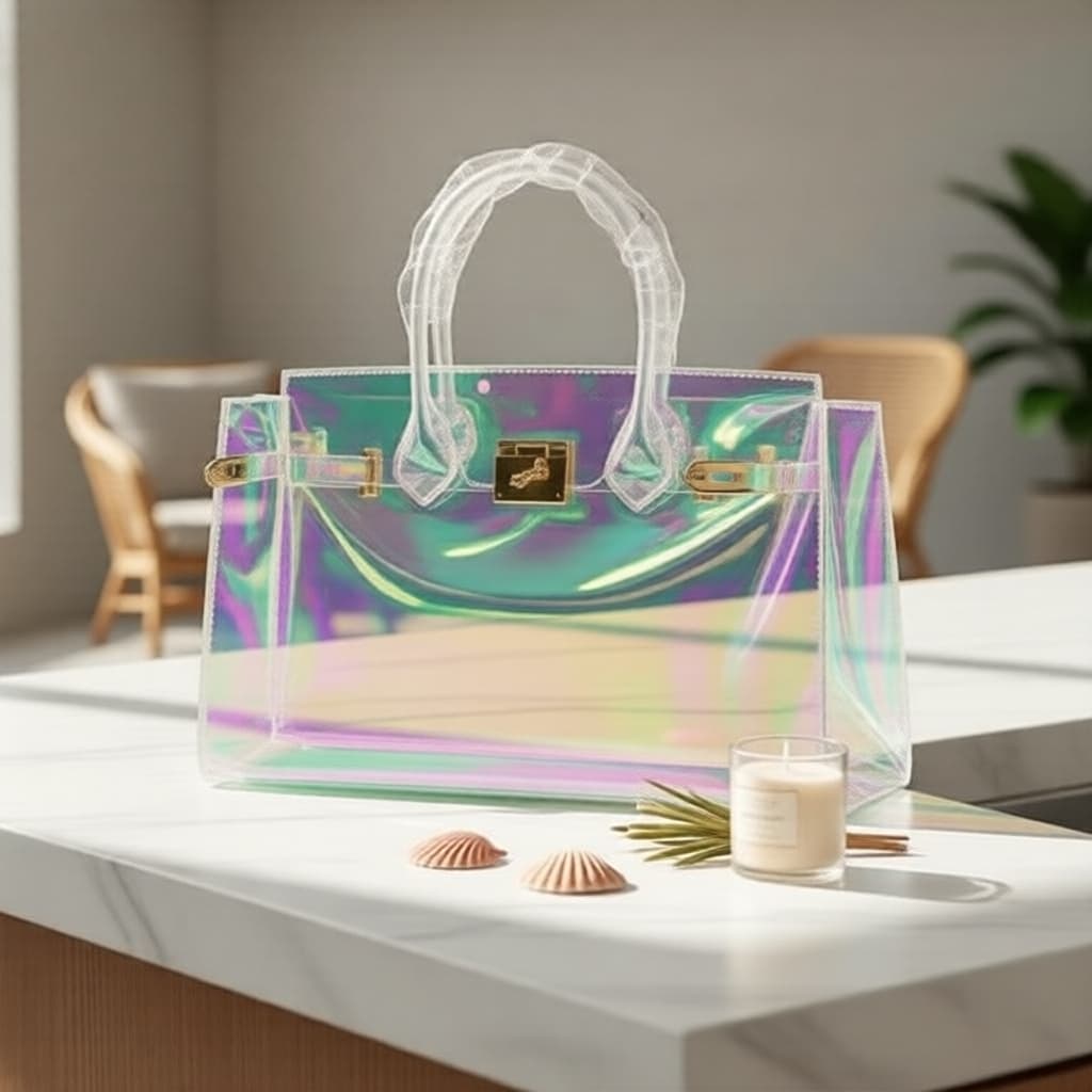 Bolsa tipo Birkin em PVC holográfico transparente – Fecho de trava, tote de gel impermeável com efeito laser, para praia