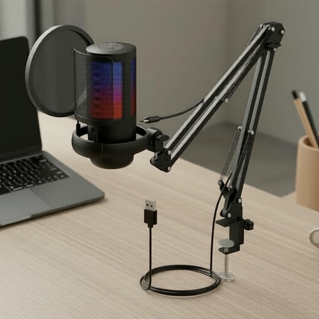 BOMGE ME6S Microfone Condensador RGB com USB, com cancelamento de ruído para PC, Podcast e Streaming
