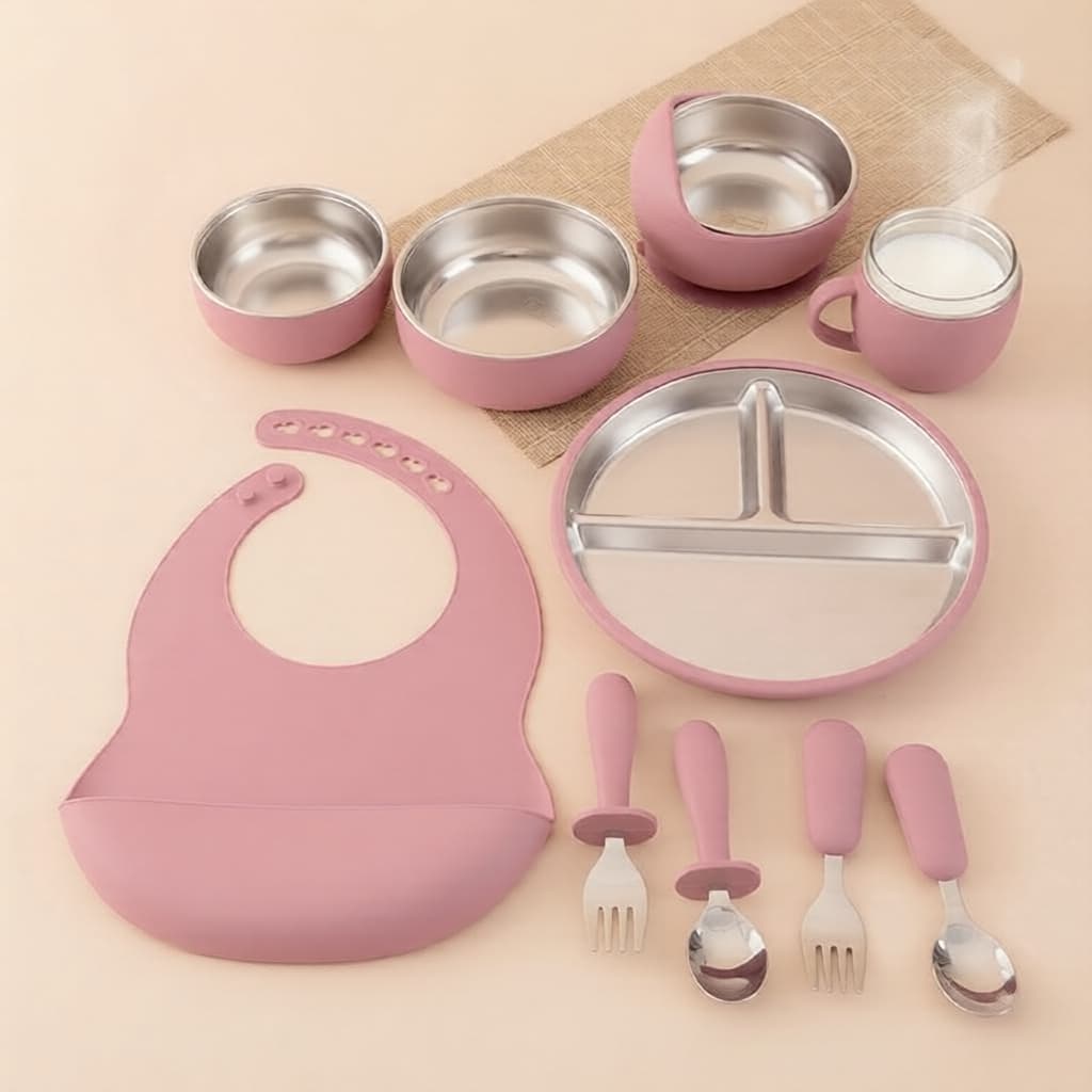 Conjunto de Alimentação Infantil Color Kids 4/10 peças, Talheres de Silicone e Aço Inoxidável, Babador Removível,