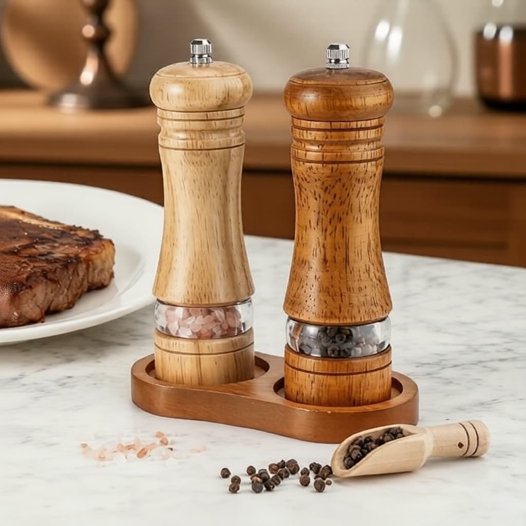 Conjunto de Moedor Manual de Temperos, Moagem Ajustável, Suporte de Madeira e Janela de Visualização para Sal e Pimenta