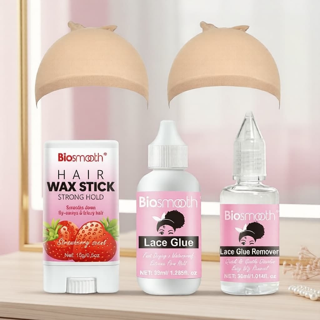 Conjunto de Instalação de Peruca Biosmooth: Cola para Renda, Removedor, Bastão de Cera & Touca para Fixação Segura