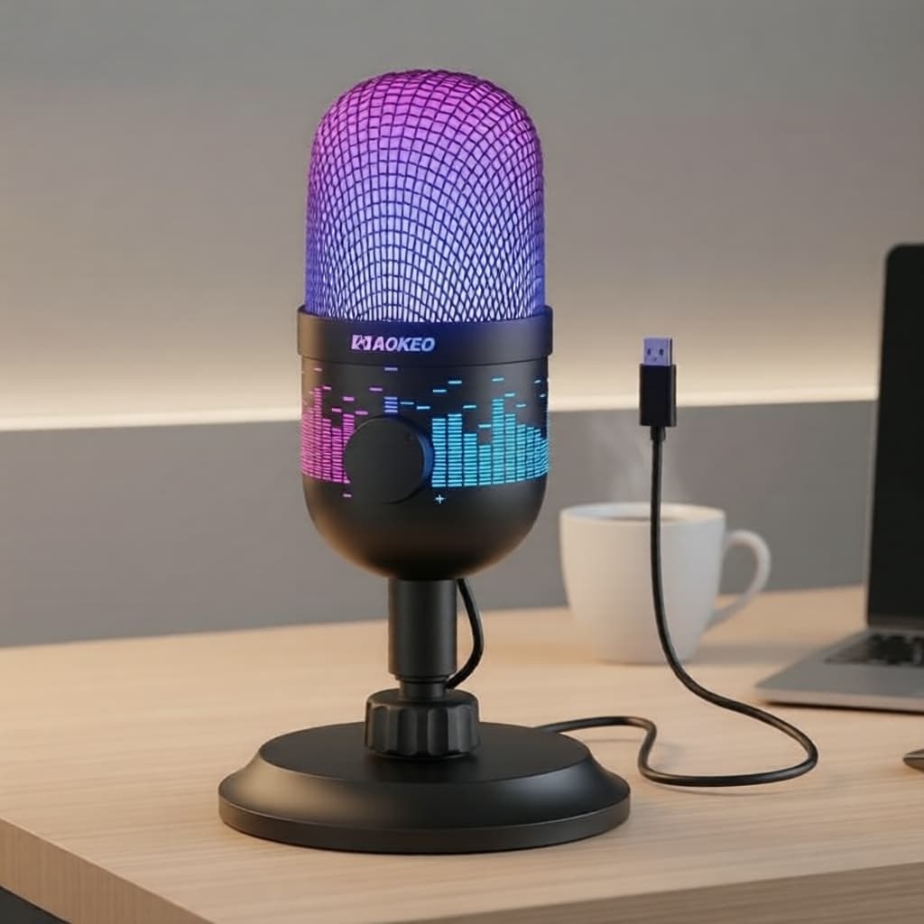 Microfone condensador Aokeo USB com luz LED, para jogos/streaming/podcast no PC/Mac/PS4-5/YouTube