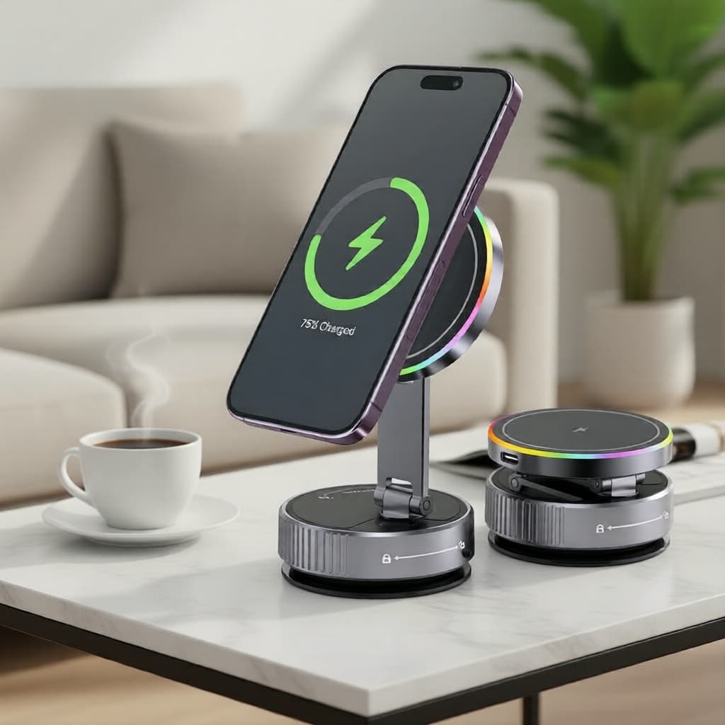 Suporte Veicular Carregador Wireless 720° com Ventosa e Iluminação RGB