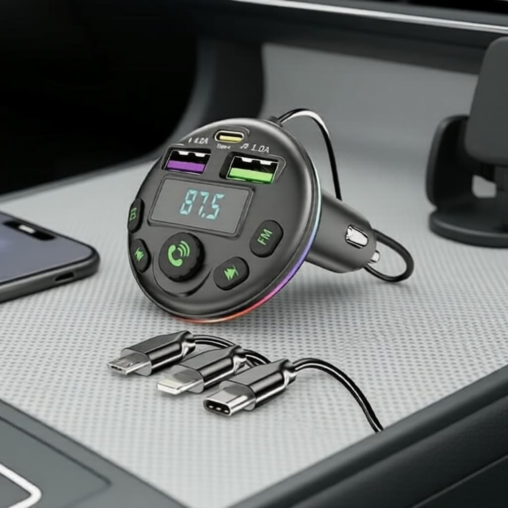 Receptor de Áudio Automotivo Handsfree 5.0, Transmissor FM, MP3 Player com Cabo de Carregamento 3 em 1