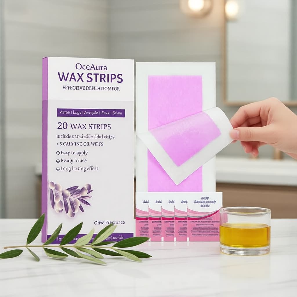 Tiras de cera depilatória melhoradas 20 + 5 lenços com óleo de oliva, cera natural de abelha e resina de rosina para