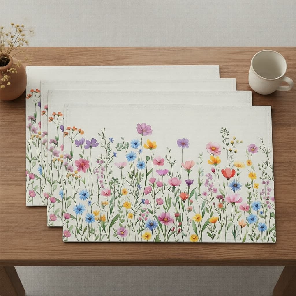 Jogos Americanos Aquarela de Primavera, Conjunto com 4 - Jogos Americanos de Linho para Uso Interno e Externo