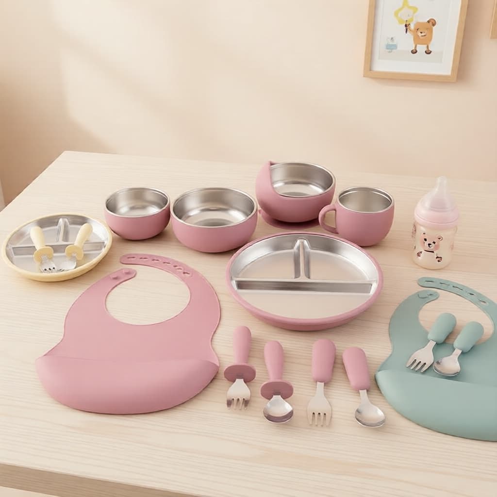 Conjunto de Alimentação de Silicone Inoxidável Color Kids 4/10 peças Babador Removível Tigela Pratos Utensílios para