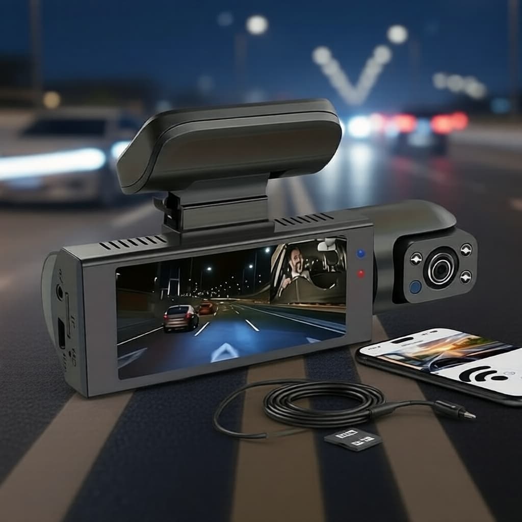 Câmera Veicular Dupla Lente, DVR Visão Noturna e Monitoramento de Estacionamento – Câmera de Ré