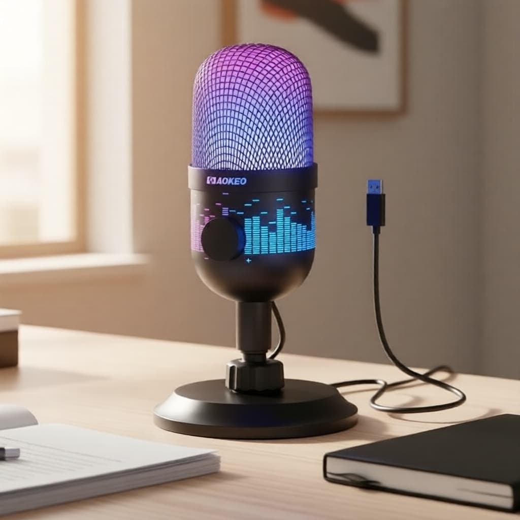 Microfone condensador Aokeo USB com luz LED, para jogos, podcast, YouTube, pronto para PC/Mac/PS4-5