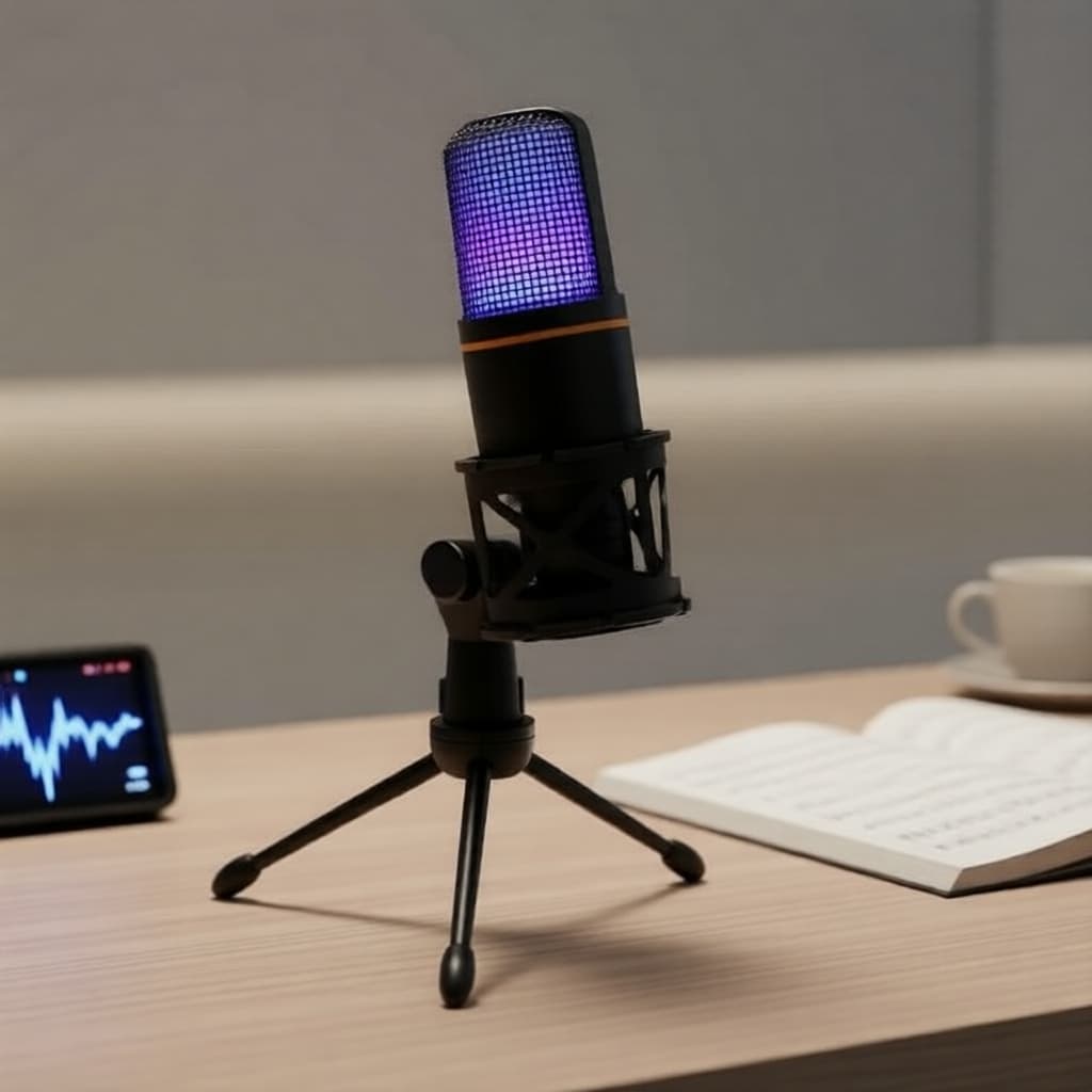 Conjunto de microfone condensador RGB com proteção contra sopro e tripé para streaming/gravação